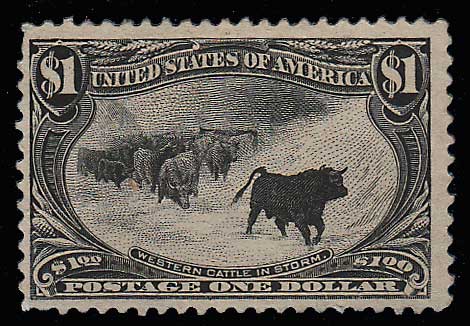 U.S.A. #292 Fine Unused 1898 $1 Cattle in Storm thin