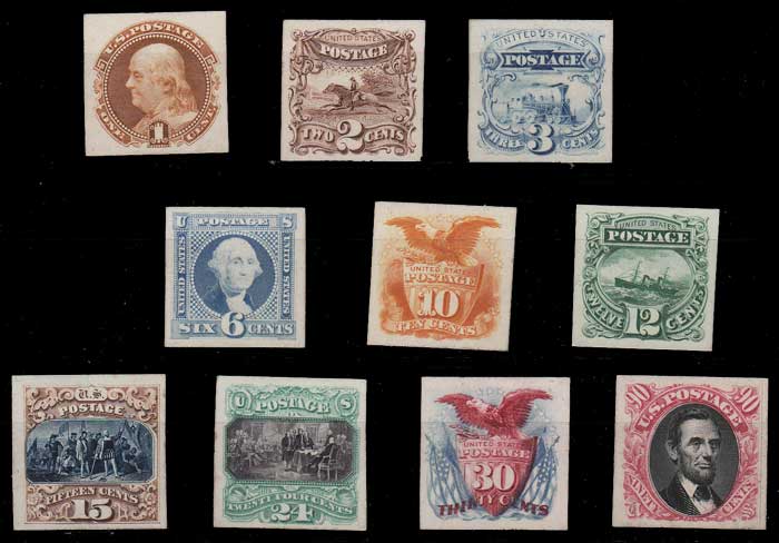 U.S.A. #112PA-122PA 1869 1c-90c Plate Proofs on Card