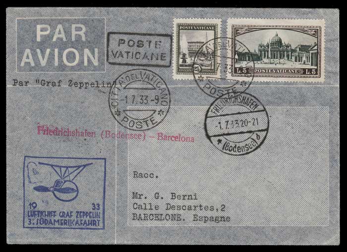 Vatican 1 Jl 1933 scarce Graf Zeppelin Flight Cover to S.A