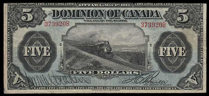 Dominion of Canada gen Fine 1912 $5 Train Banknote