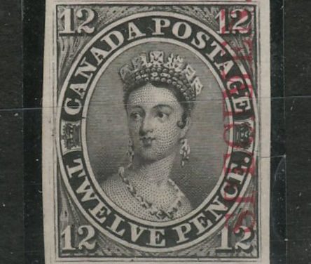 Canada #3Pi VF 1851 12d Black Plate Proof, Carmine Specimen overprint