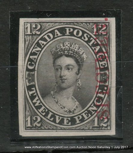Canada #3Pi VF 1851 12d Black Plate Proof, Carmine Specimen overprint