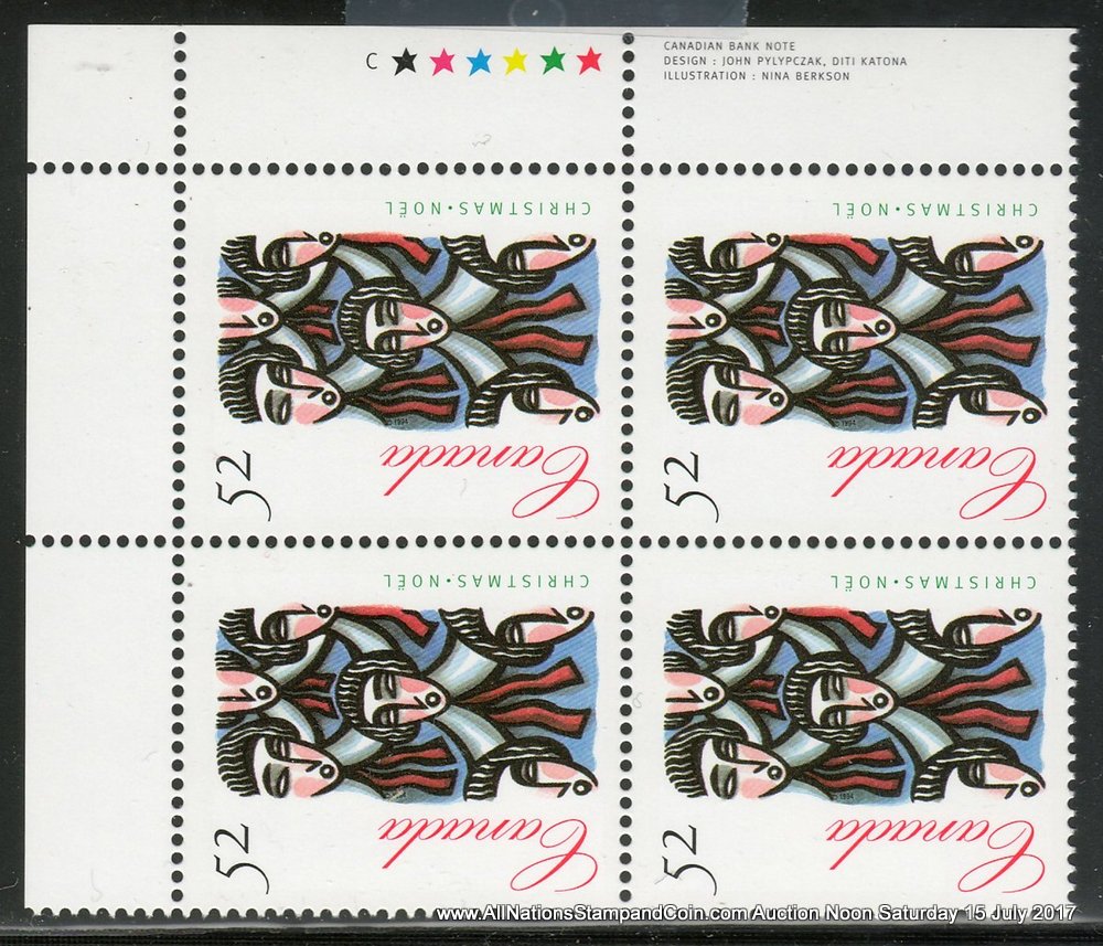  Canada #1534ii VFNH UR 1994 unissued 52c Christmas Plate Block $950