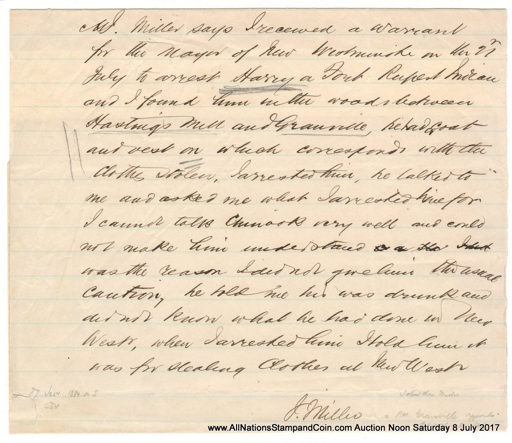 1884/85 Granville, B.C. Constable Miller-signed Arrest Warrant, Wellburn page 79