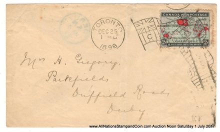 25 Dec 1898 Toronto Flag 2c Map transatlantic First Day Cover, small faults