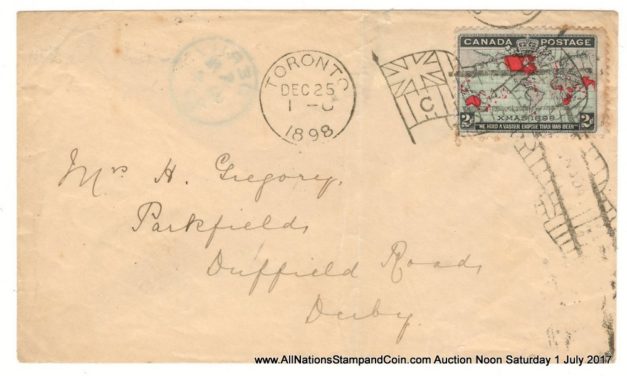 25 Dec 1898 Toronto Flag 2c Map transatlantic First Day Cover, small faults