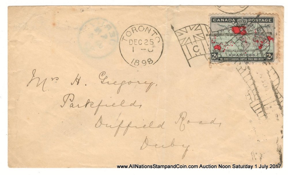25 Dec 1898 Toronto Flag 2c Map transatlantic First Day Cover, small faults $900