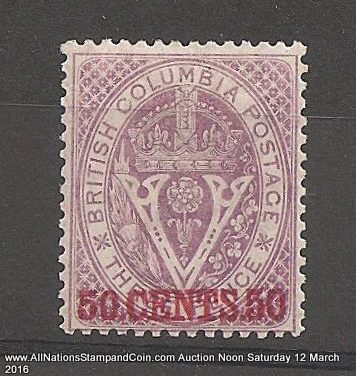 British Columbia #12 F/VF Mint 1867/1871 50c on 3d Violet Perf 14