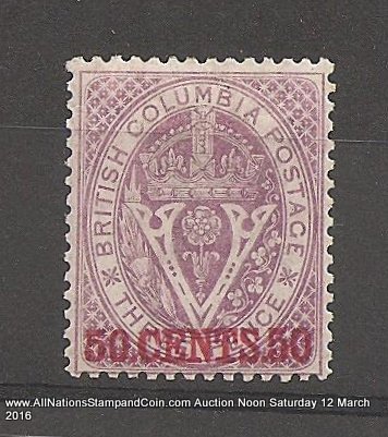British Columbia #12 F/VF Mint 1867/1871 50c on 3d Violet Perf 14 $900