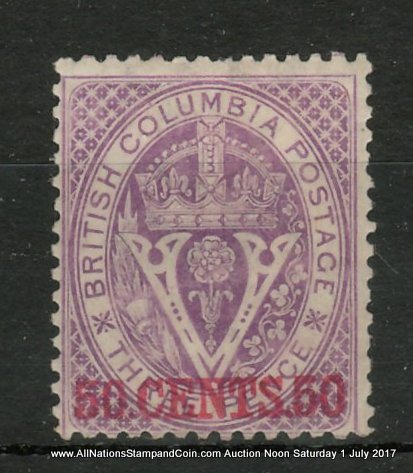 British Columbia #12i Fine Mint HR OG Inverted Watermark Variety, nibbed perf