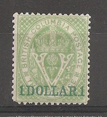 British Columbia #13 Fine Mint HR 1867/1871 $1 on 3d Green rounded corner