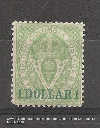 British Columbia #13 Fine Mint HR 1867/1871 $1 on 3d Green rounded corner
