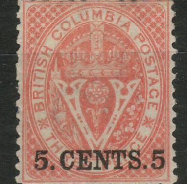 British Columbia #14 Fine Mint HR OG 1869 5c on 3d Bright Red ex Painter