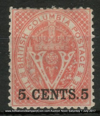 British Columbia #14 Fine Mint HR OG 1869 5c on 3d Bright Red ex Painter $4000