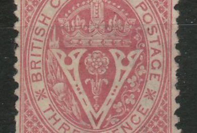 British Columbia #15 Fine Mint 1869 10c on 3d Lilac Rose, owners backstamps