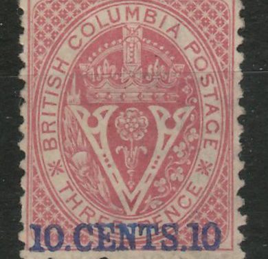 British Columbia #15 Fine Mint 1869 10c on 3d Lilac Rose, owners backstamps