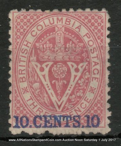 British Columbia #15 Fine Mint 1869 10c on 3d Lilac Rose, owners backstamps