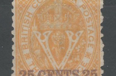 British Columbia #16 Fine Unused 1869 25c on 3d Orange, cple toned perfs