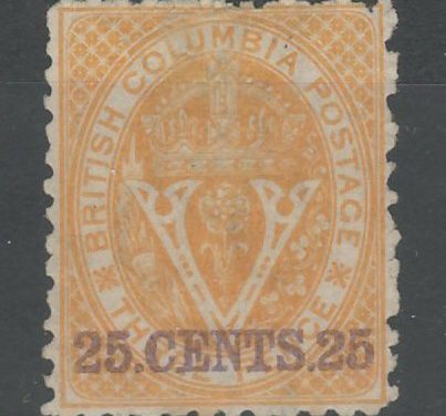 British Columbia #16 Fine Unused 1869 25c on 3d Orange, cple toned perfs