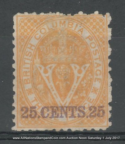 British Columbia #16 Fine Unused 1869 25c on 3d Orange, cple toned perfs