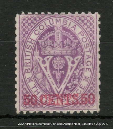 British Columbia #17 Fine Unused 1869 50c on 3d Violet, short perf