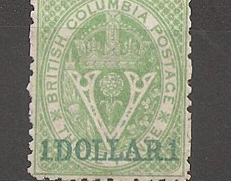British Columbia #18 F/VF Unused 1869 $1 on 3d Green Perf 12.5