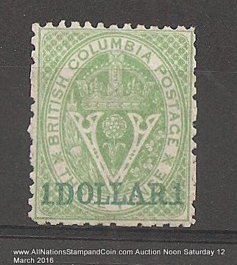 British Columbia #18 F/VF Unused 1869 $1 on 3d Green Perf 12.5