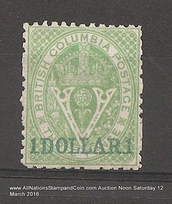 British Columbia #18 F/VF Unused 1869 $1 on 3d Green Perf 12.5
