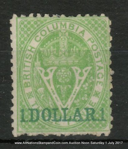 British Columbia #18 Fine Unused 1869 $1 on 3d Green, usual rough perfs