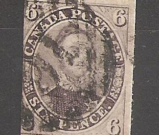 Canada #10 Fine Used 1857 6d Reddish Purple Thick Paper