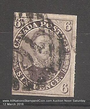 Canada #10 Fine Used 1857 6d Reddish Purple Thick Paper