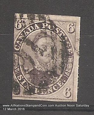 Canada #10 Fine Used 1857 6d Reddish Purple Thick Paper