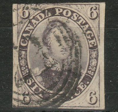 Canada #10 VG Used 1857 6d Reddish Purple Thick Paper, small thin
