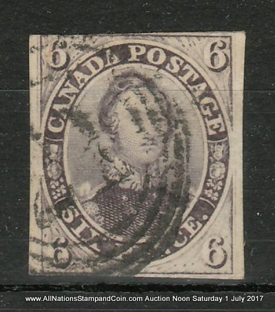 Canada #10 VG Used 1857 6d Reddish Purple Thick Paper, small thin