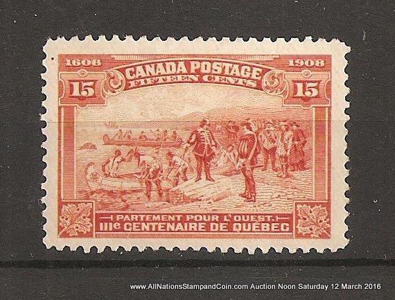 Canada #102 VFNH 1908 15c Quebec lovely example natural spot