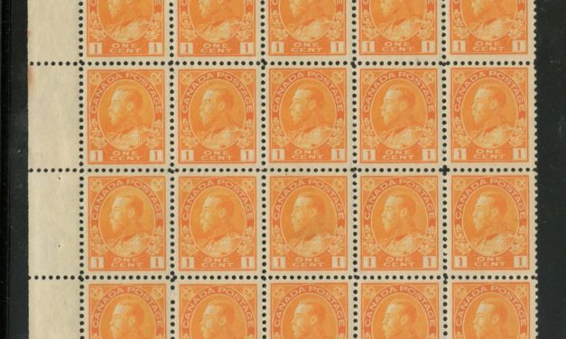 Canada #105 about VF 28 NH left margin 1c Admiral Block of 30, thin in one