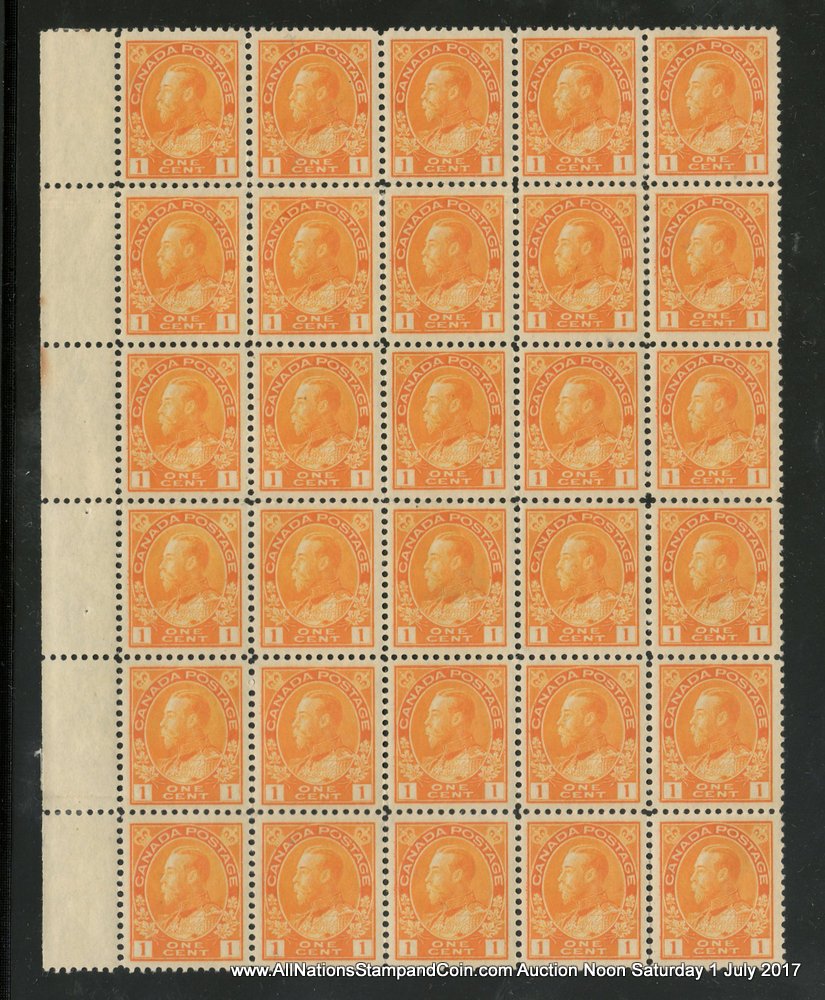 Canada #105 about VF 28 NH left margin 1c Admiral Block of 30, thin in one $3400