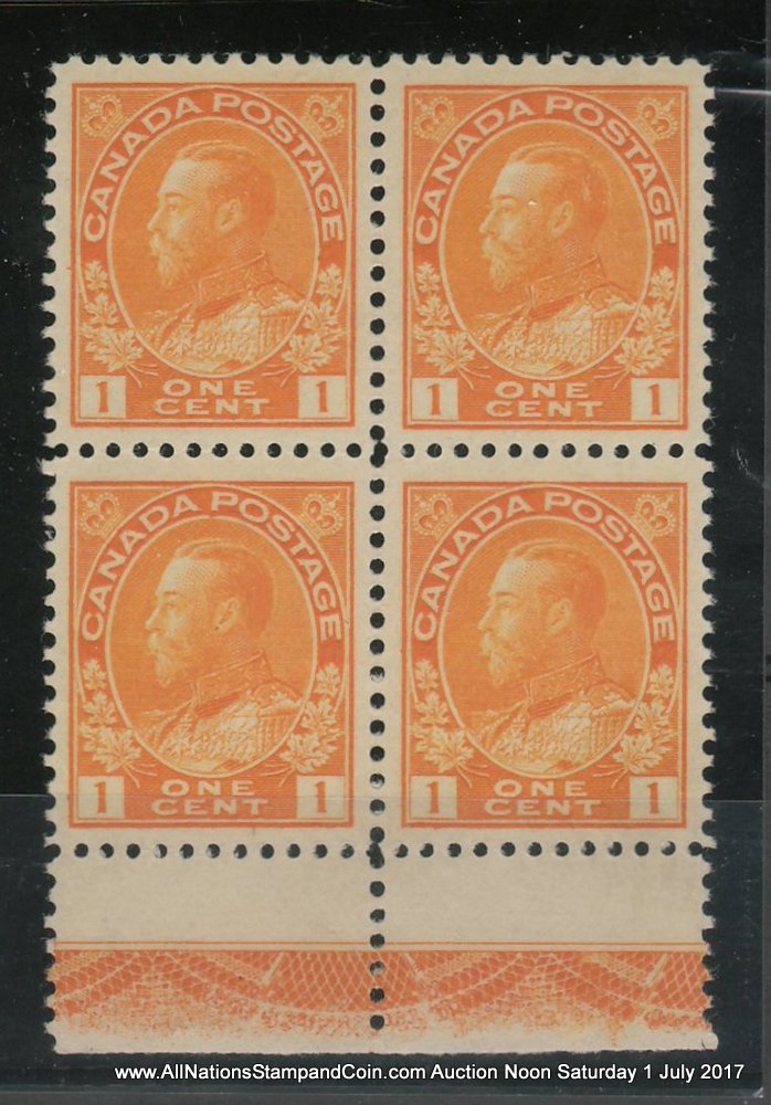 Canada #105LW VFNH 1922 1c Type C Lathework bottom margin Block $600