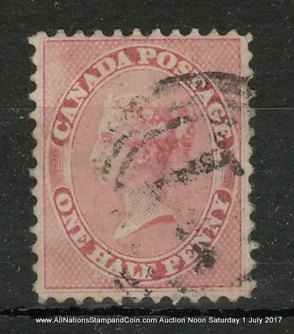 Canada #11 F/VF Used 1858 1/2d Rose Perforated Pence, small flaws