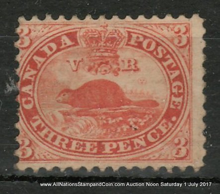 Canada #12 about Fine Unused appearing 1859 3d Red Perforated Pence