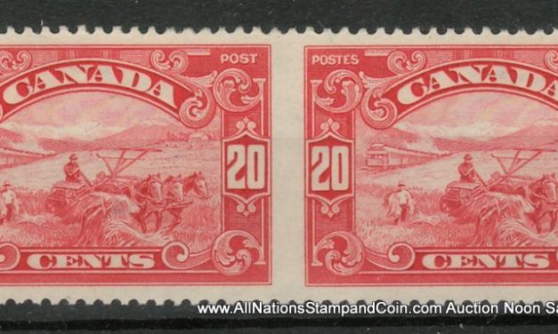 Canada #157b VFNH 1929 20c Harvesting Horizontal Perf by Imperf Pair, gum spot