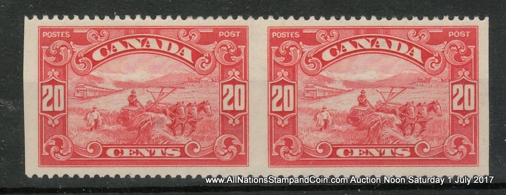 Canada #157b VFNH 1929 20c Harvesting Horizontal Perf by Imperf Pair, gum spot