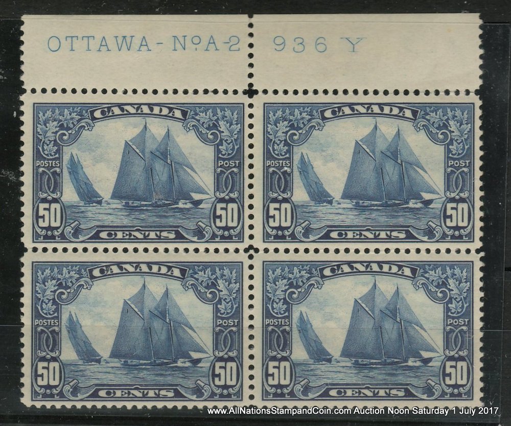 Canada #158 Fine or better Stamps NH top margin plate A2 Block, hdlng mks