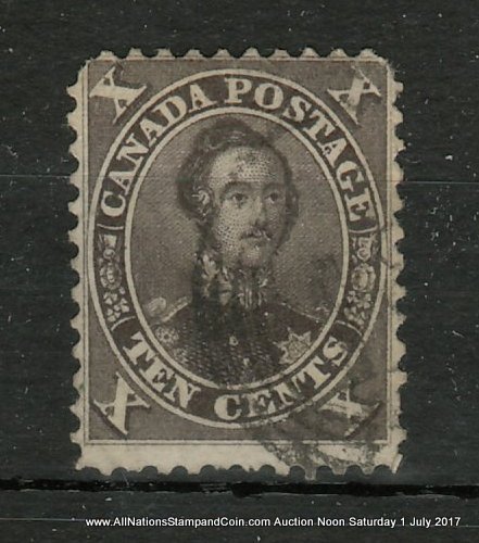 Canada #16 Fine Used 1859 10c Black Brown, corner rounding, small flaws