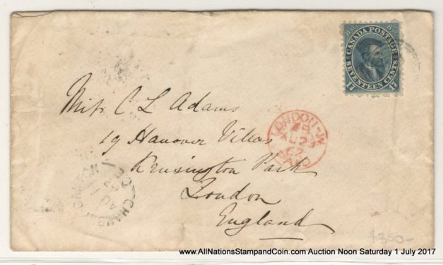 Canada #19a 11 Au 1862 17c Transatlantic Cover w/ various markings