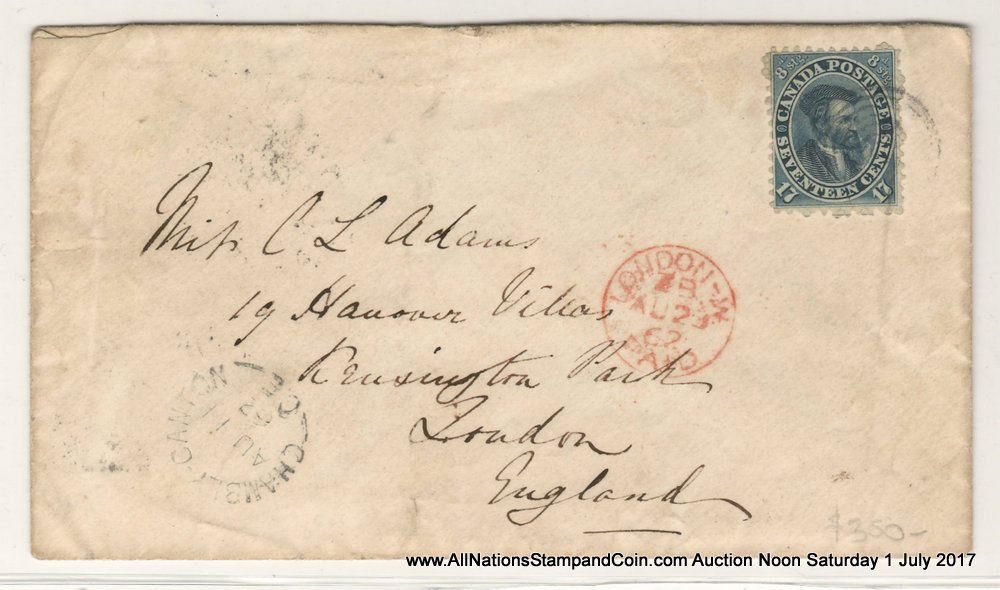 Canada #19a 11 Au 1862 17c Transatlantic Cover w/ various markings $400