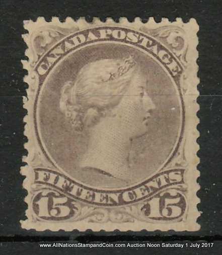 Canada #29a F/VF Mint HR OG 1874 15c Large Queen, clipped perfs