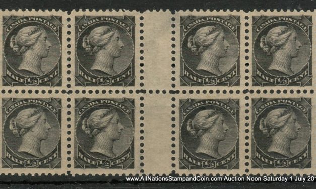 Canada #34 VFNH 1882 1/2c Black SQ Gutter Block of eight with offset