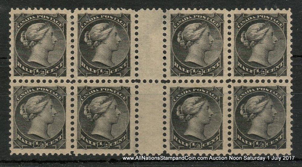 Canada #34 VFNH 1882 1/2c Black SQ Gutter Block of eight with offset
