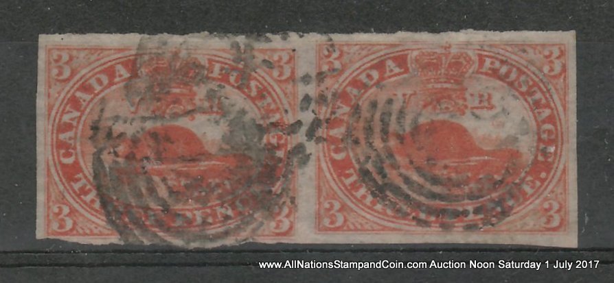 Canada #4d about VF Used 1852/1857 3d Thin Paper Horizontal Pair
